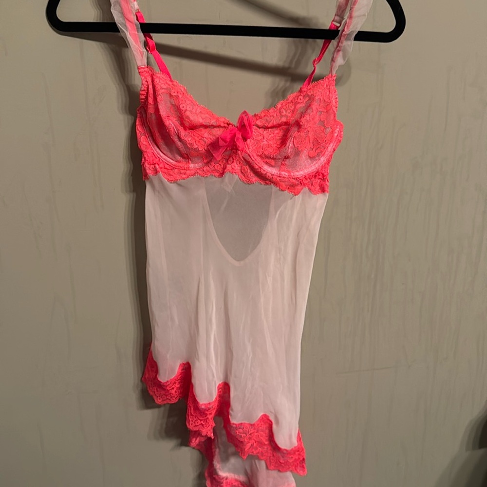 Victoria’s Secret pink lace and mesh slip, asymmetrical hem, size 34B